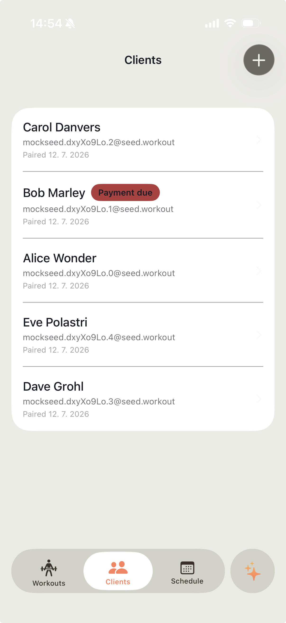 Workout Connect on iPhone: a trainer's client roster with Carol Danvers, Bob Marley (flagged Payment due), Alice Wonder, Eve Polastri, and Dave Grohl. Bottom tab bar shows Workouts, Clients, Schedule, and Ace AI.