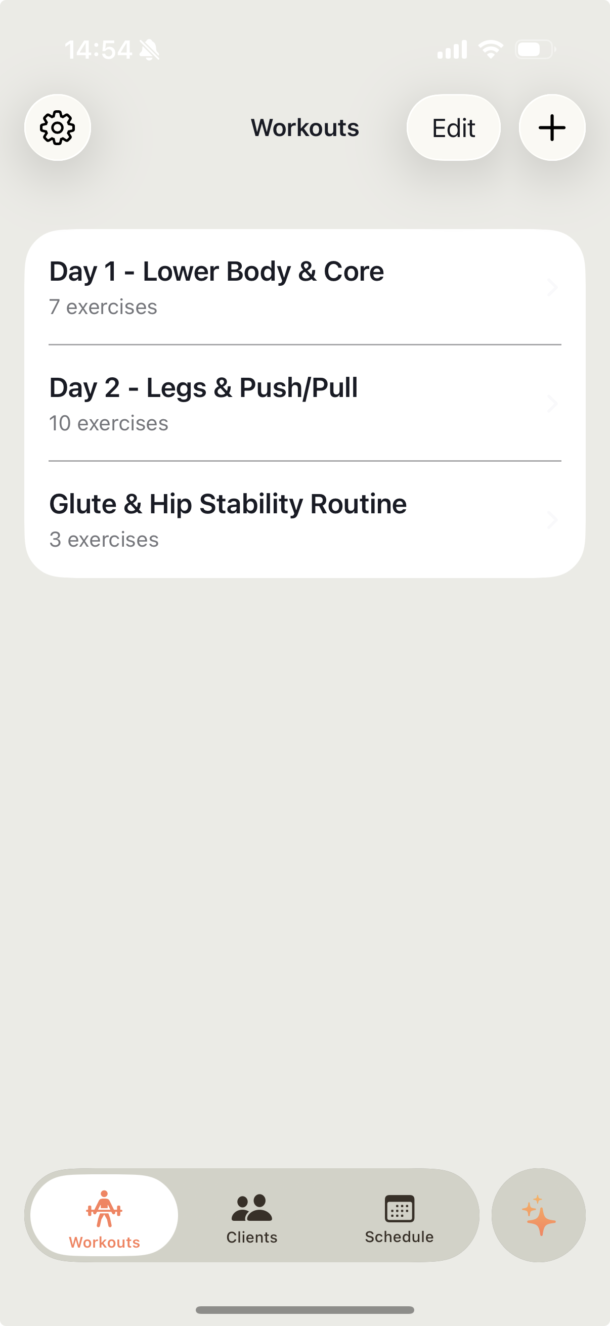 Workout Connect on iPhone: a trainer's workout library with Day 1 Lower Body & Core, Day 2 Legs & Push/Pull, and a Glute & Hip Stability routine. Bottom tab bar shows Workouts, Clients, Schedule, and Ace AI.